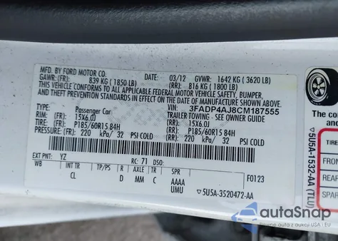 2012 Ford Fiesta S из США, поврежденный, VIN 3FADP4AJ8CM187555